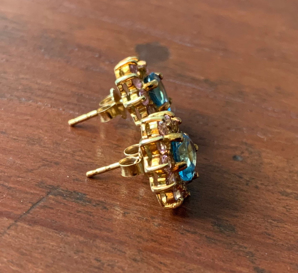 Vintage London Blue Topaz & Pink Tourmaline 9k Gold Stud Earrings