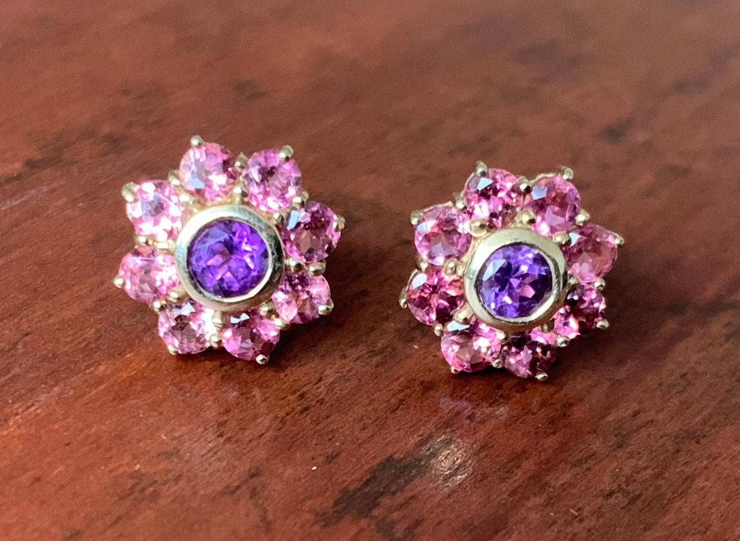 Vintage Amethyst & Pink Tourmaline 9k Gold Stud Earrings