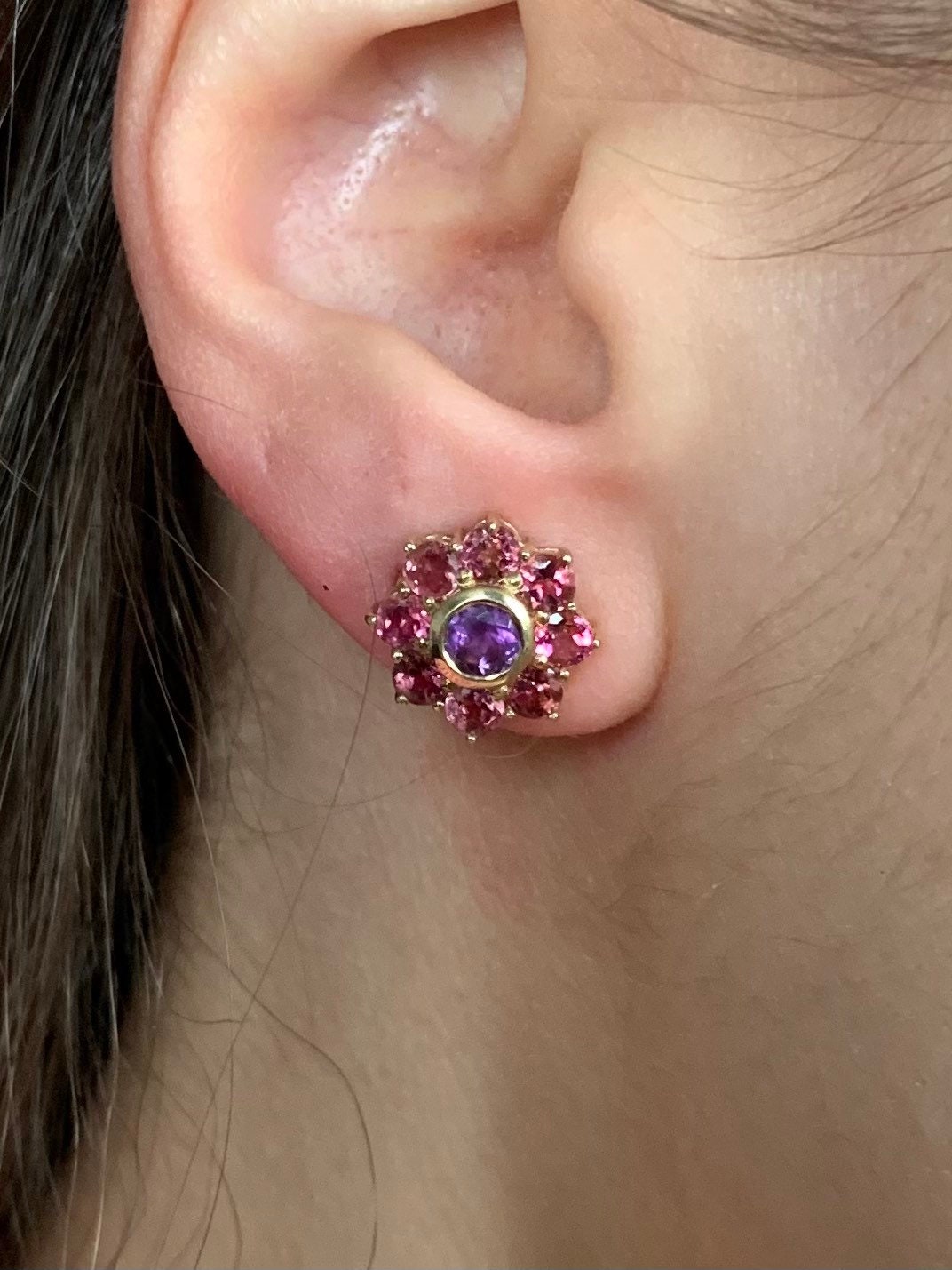 Vintage Amethyst & Pink Tourmaline 9k Gold Stud Earrings