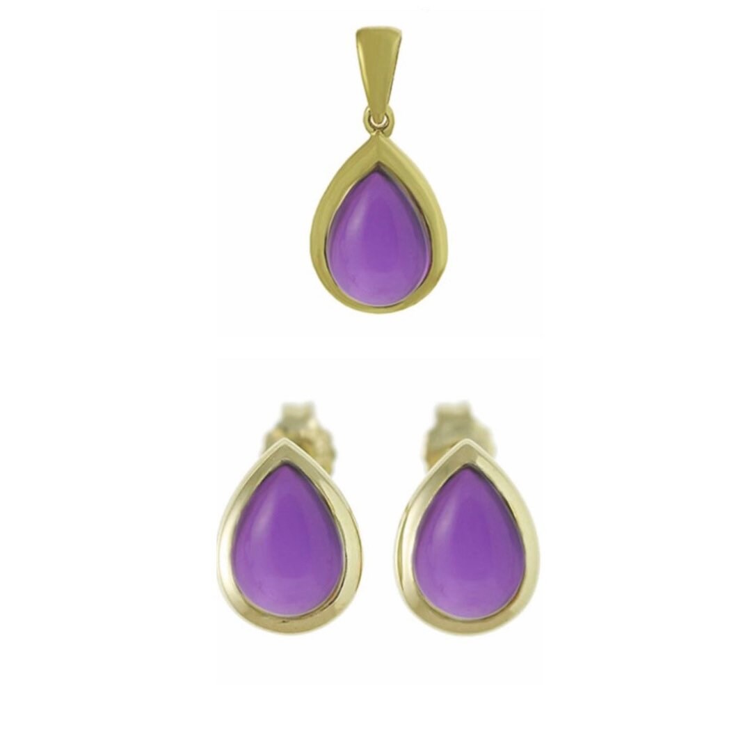 9k Solid Yellow Gold Pear Shaped Cabochon Amethyst Pendant