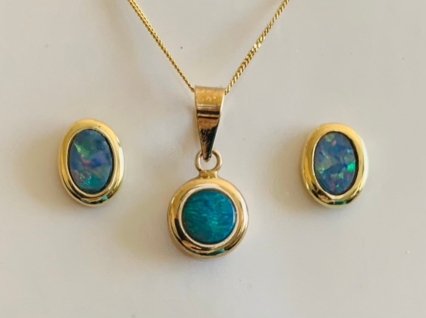 Vintage 14k Gold Opal Stud Earrings and Pendant On A 9k Gold Chain