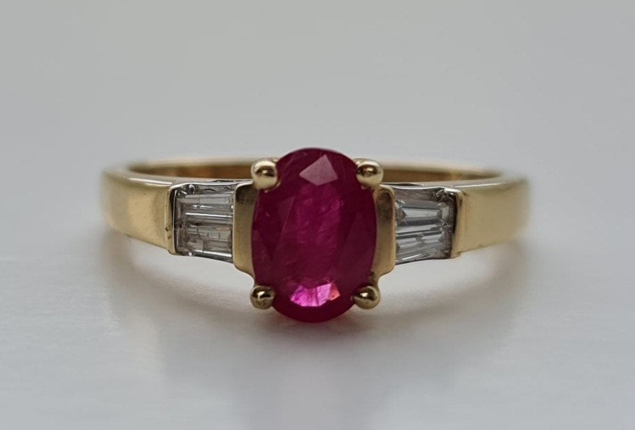 Vintage 14K oro amarillo 1ct rubí y anillo de diamantes, piedra de nacimiento de julio de abril, regalo de aniversario de compromiso, regalo de cumpleaños, tamaño Reino Unido N, EE.UU. 6 3/4