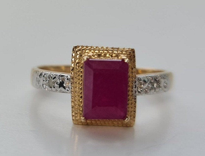 ذهب عيار 1.15 قيراط من الياقوت والألماس العتيق عيار 10 قيراط، هدية الذكرى السنوية، هدية عيد الميلاد، حجر بخت شهر يوليو وأبريل، مقاس الخاتم UK N، US 6 3/4