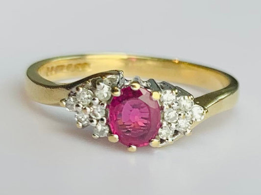 Vintage 0.35ct Oval Ruby & Diamond 9ct Yellow Gold Ring, Size UK K, US 5 1/4