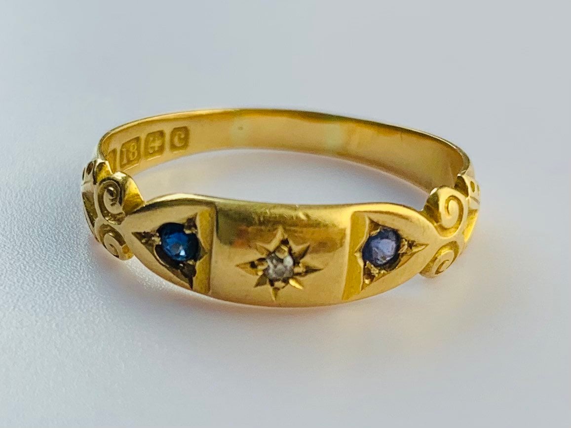 خاتم من الذهب الإدواردي عيار 18 مرصع بالألماس والياقوت مقاس L 1/2، 6