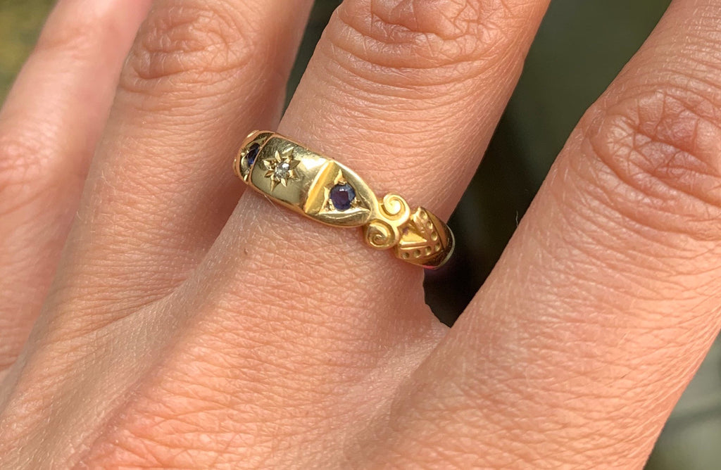 خاتم من الذهب الإدواردي عيار 18 مرصع بالألماس والياقوت مقاس L 1/2، 6