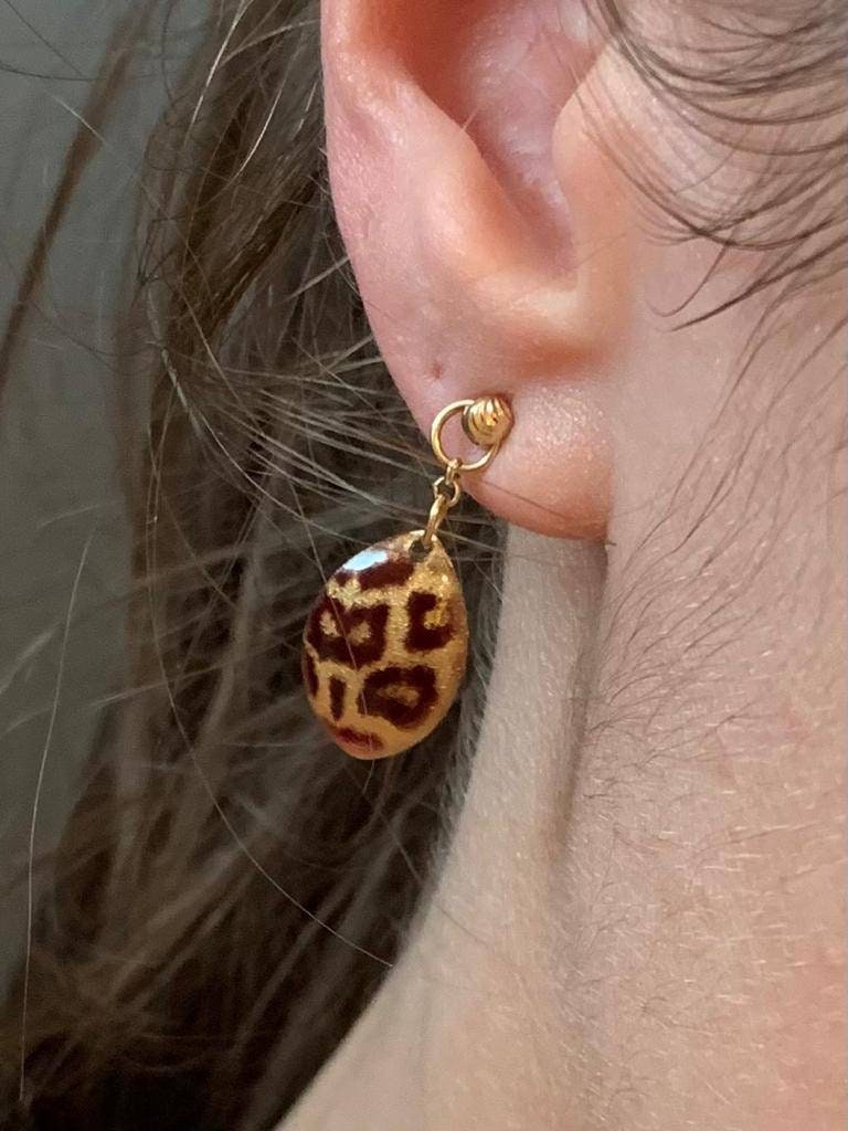 Unique and Rare Vintage 14K Gold Tiger Leopard Pattern Leaf Shaped Earrings,Drop Earrings