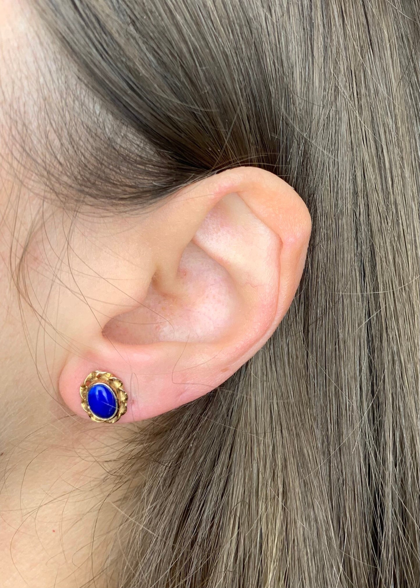 Vintage Oval Blue Lapis Lazuli 9ct Gold Stud Earrings