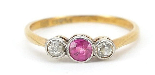 Art Deco 0.34ct Round Cut Ruby and Diamond set in 18ct Yellow Gold and Platinum Trilogy Ring size UK P, US 7 1/2