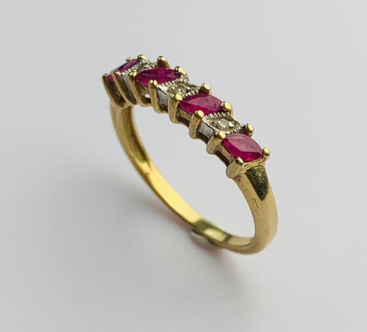 Vintage 0.52ct Marquise Cut Ruby and Round Diamond Half Eternity Ring set in 9ct Yellow Gold, Size UK O, US 7 1/4