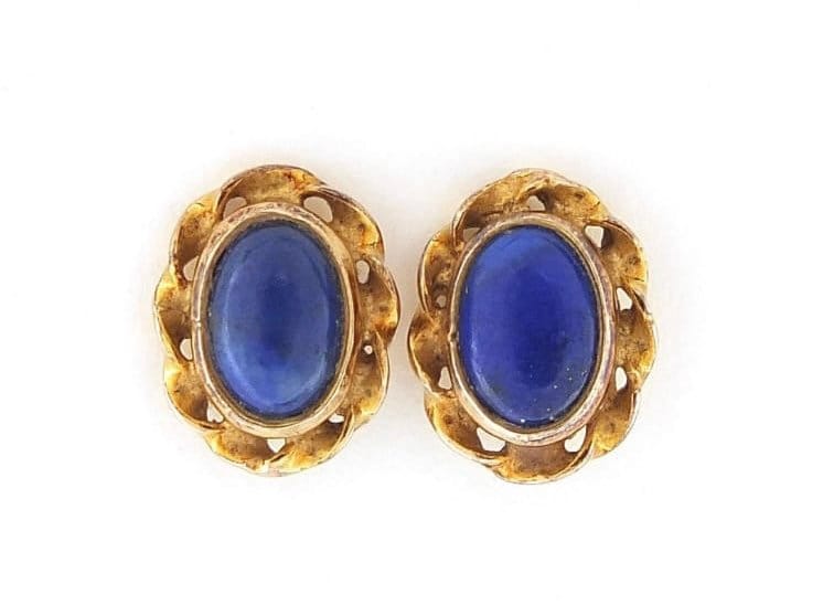 Vintage Oval Blue Lapis Lazuli 9ct Gold Stud Earrings