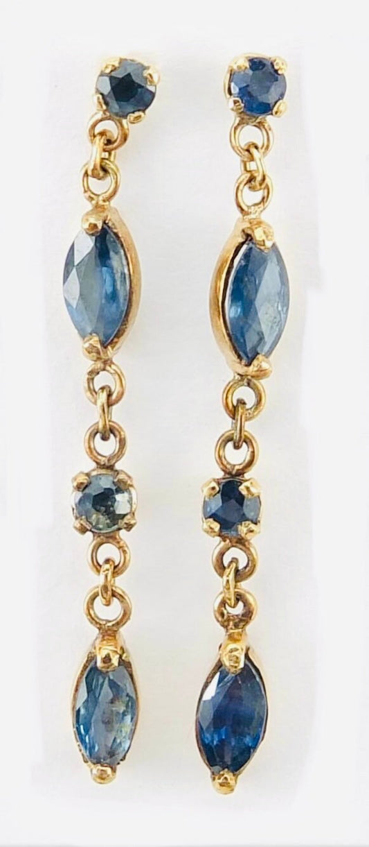 Vintage 1.76ct Round and Marquise Cut Blue Sapphire Drop Earrings set in 9ct Yellow Gold