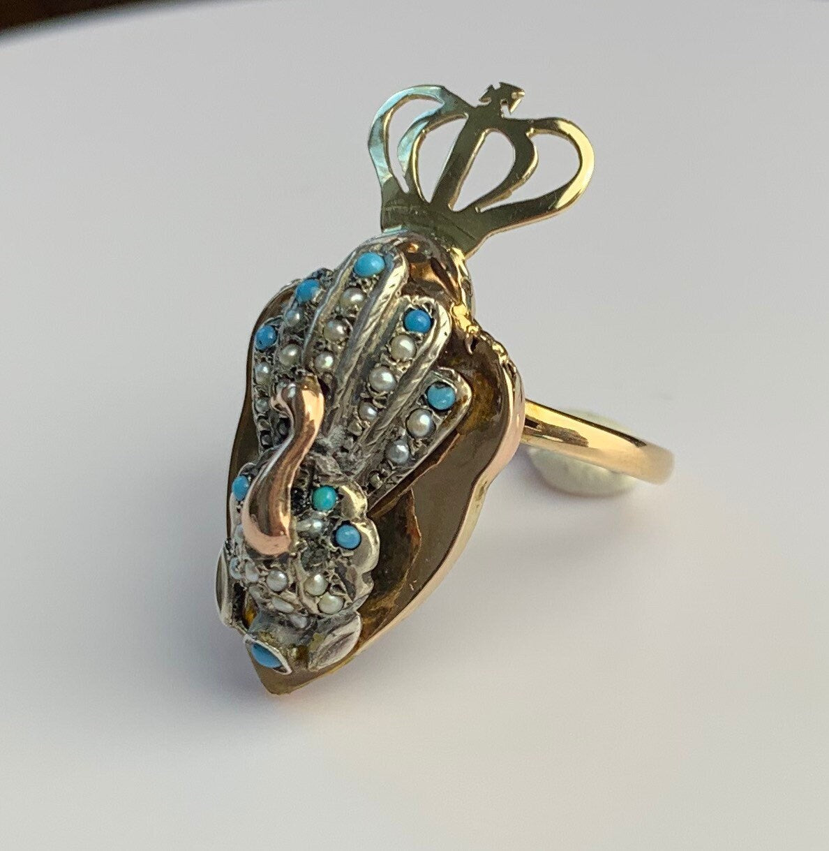 Antique 10ct Gold Seed Pearl and Turquoise Peacock Statement Ring, Size UK M 1/2, US 6 1/2