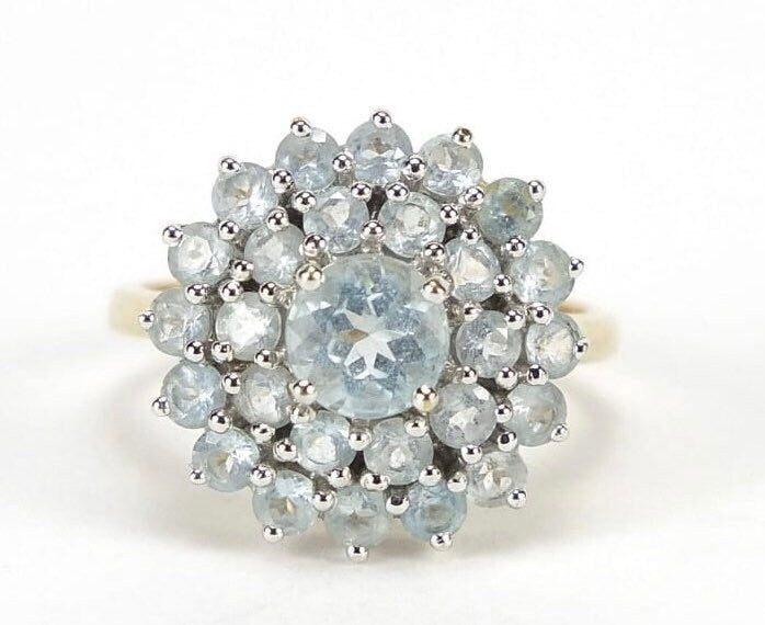 Vintage 3.46ct topacio azul pastel engastado en anillo de oro de 9ct, tamaño Reino Unido O, EE.UU. 7 1/4