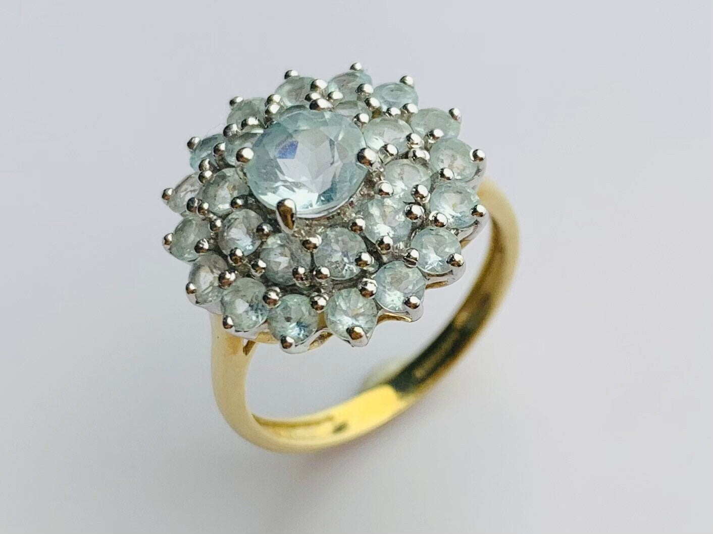 Vintage 3.46ct topacio azul pastel engastado en anillo de oro de 9ct, tamaño Reino Unido O, EE.UU. 7 1/4