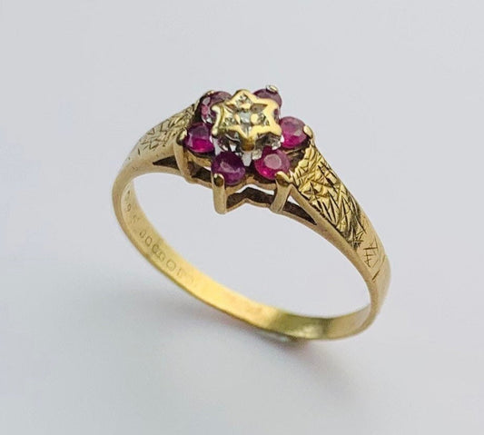 Vintage Ruby and Diamond Ring set in 9ct Yellow Gold, Size UK M 1/2, US 6 1/2