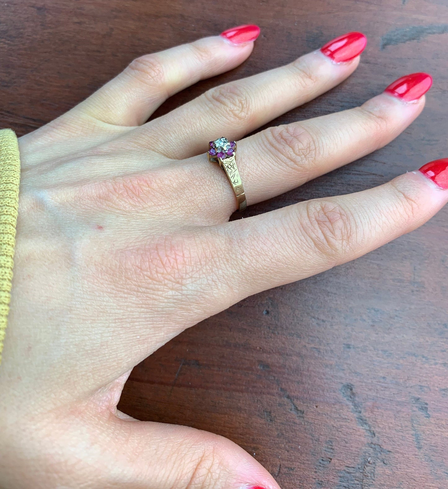 Vintage Ruby and Diamond Ring set in 9ct Yellow Gold, Size UK M 1/2, US 6 1/2