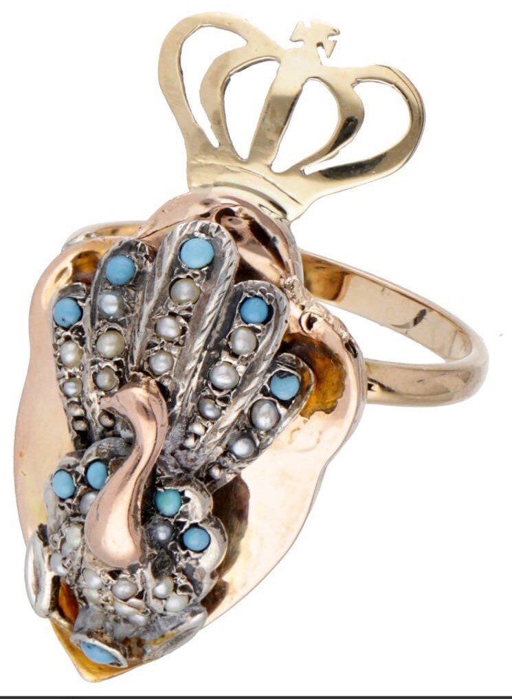 Antique 10ct Gold Seed Pearl and Turquoise Peacock Statement Ring, Size UK M 1/2, US 6 1/2