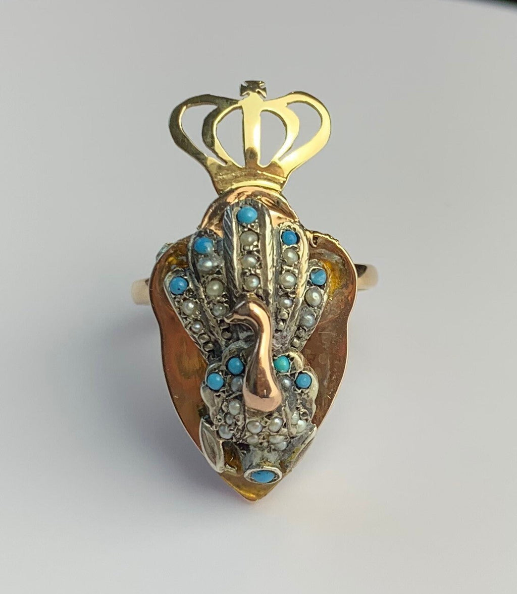 Anillo de declaración de pavo real turquesa y perla de semilla de oro antiguo de 10 qt, tamaño Reino Unido M 1/2, EE.UU. 6 1/2