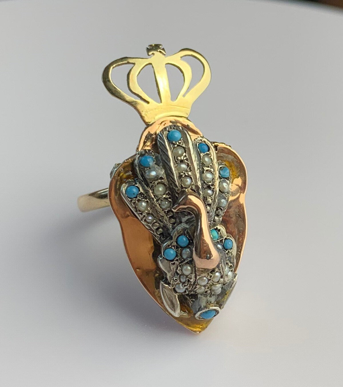 Antique 10ct Gold Seed Pearl and Turquoise Peacock Statement Ring, Size UK M 1/2, US 6 1/2