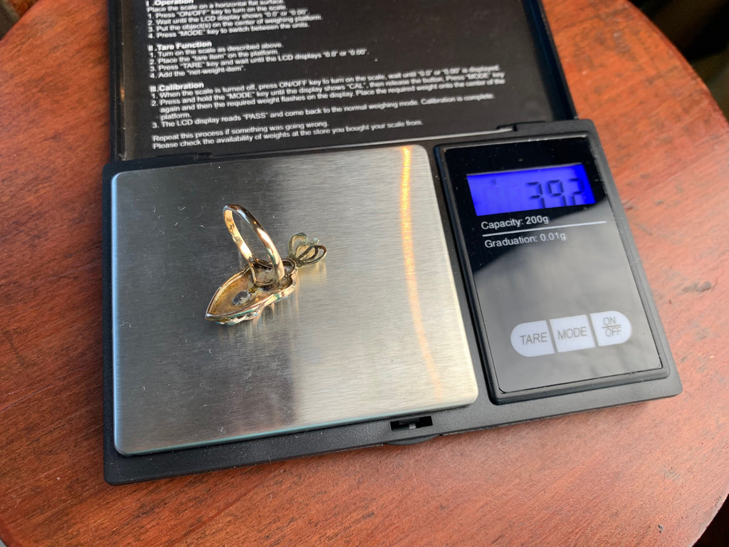 Anillo de declaración de pavo real turquesa y perla de semilla de oro antiguo de 10 qt, tamaño Reino Unido M 1/2, EE.UU. 6 1/2