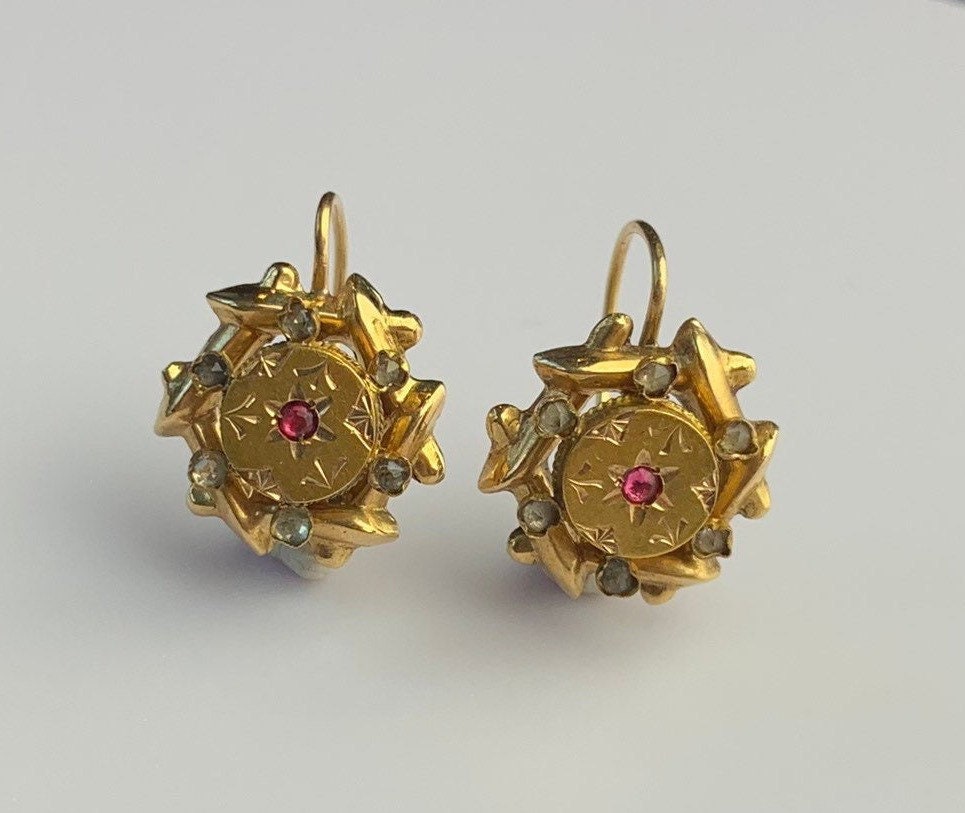 Antique Victorian 18ct Yellow Gold Ruby and Rhinestone Drop Earrings