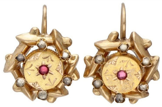 Pendientes colgantes victorianos antiguos de oro amarillo de 18 quilates con rubíes y diamantes de imitación