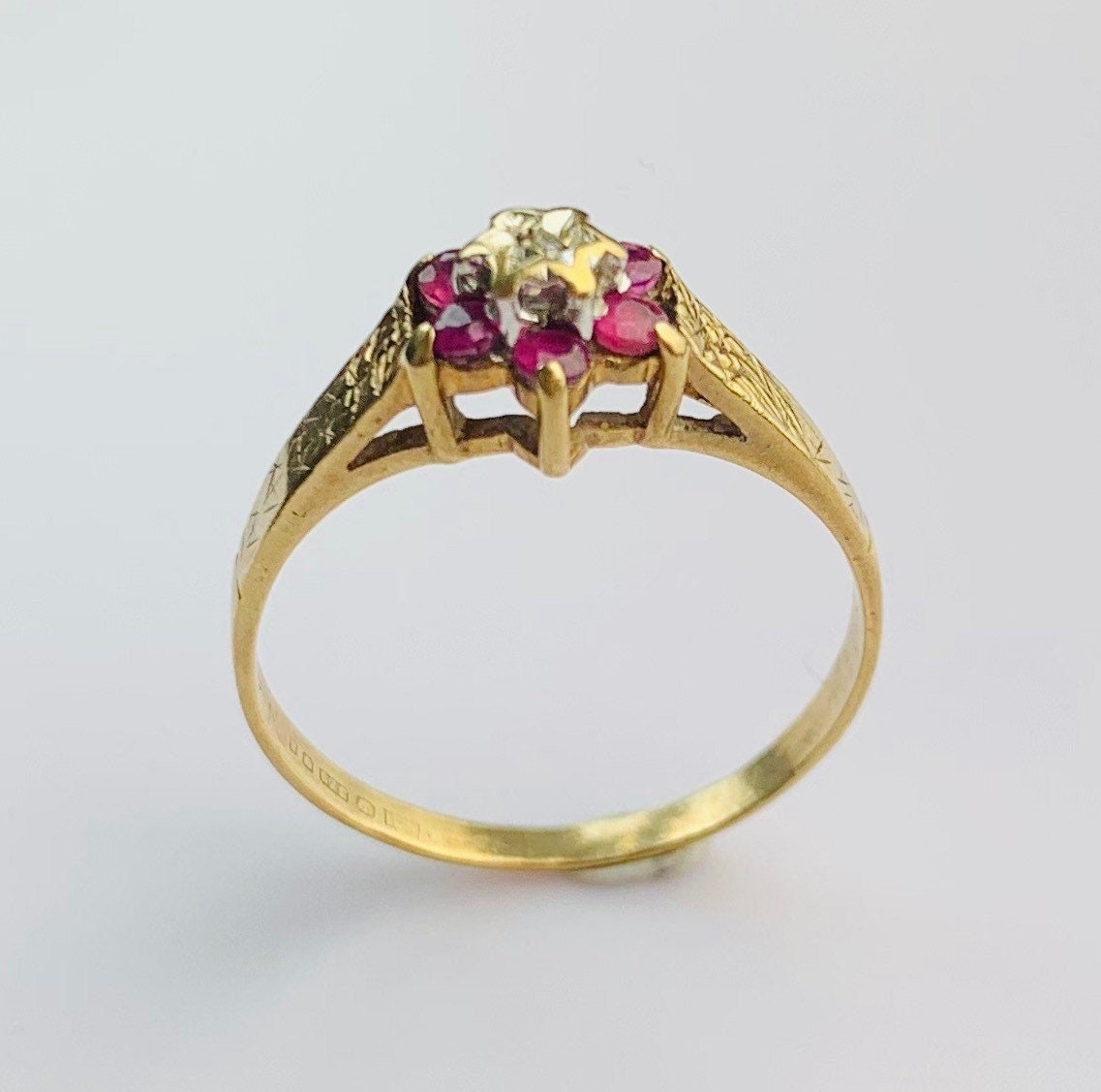 Vintage Ruby and Diamond Ring set in 9ct Yellow Gold, Size UK M 1/2, US 6 1/2