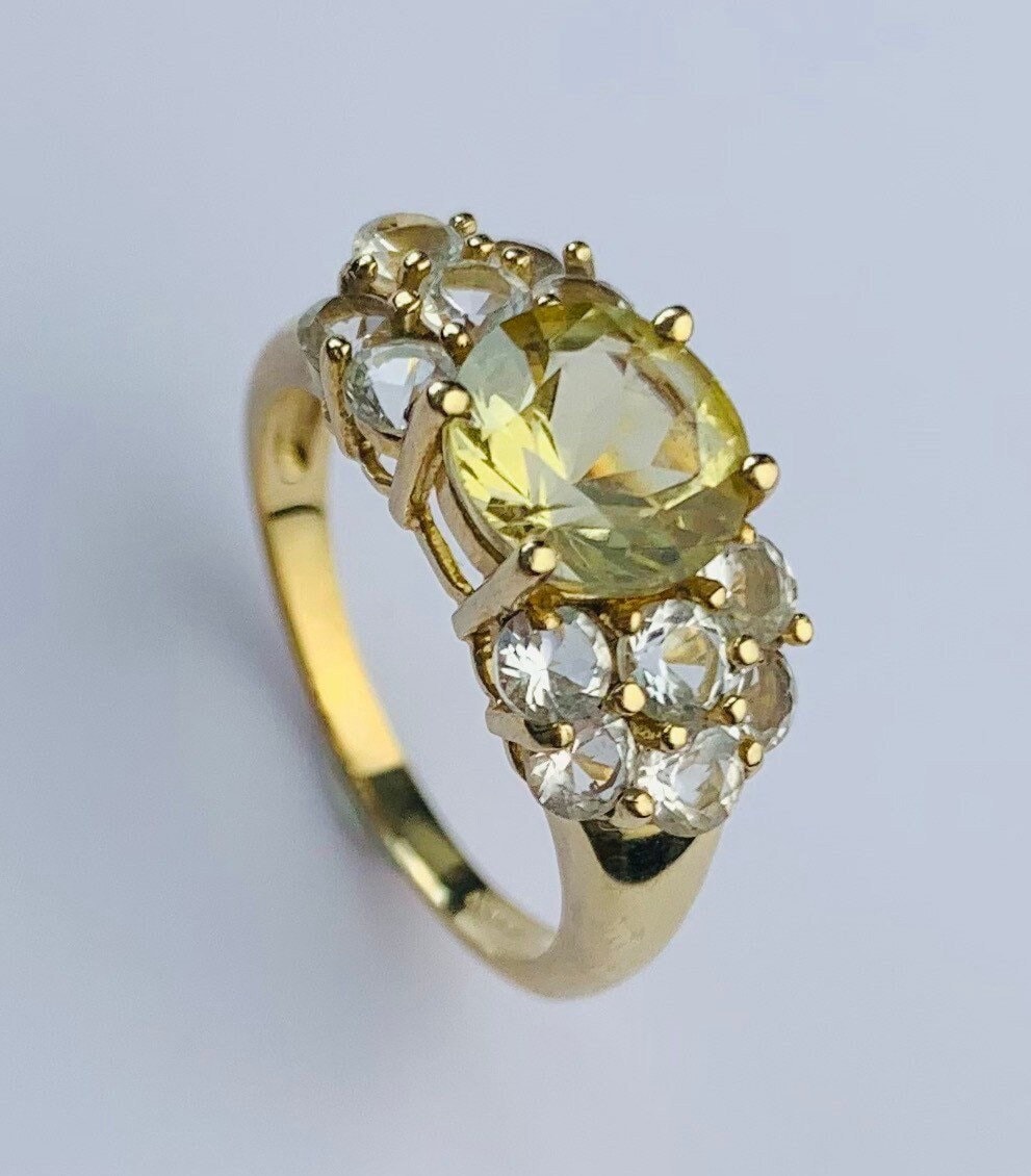 Vintage 1.80ct Citrine and 1.32ct White Topaz set in 9ct Yellow Gold Statement Ring, Size UK N, US 6 3/4