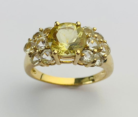 Citrino vintage de 1,80 ct y topacio blanco de 1,32 ct en un anillo llamativo de oro amarillo de 9 ct, talla Reino Unido N, EE. UU. 6 3/4