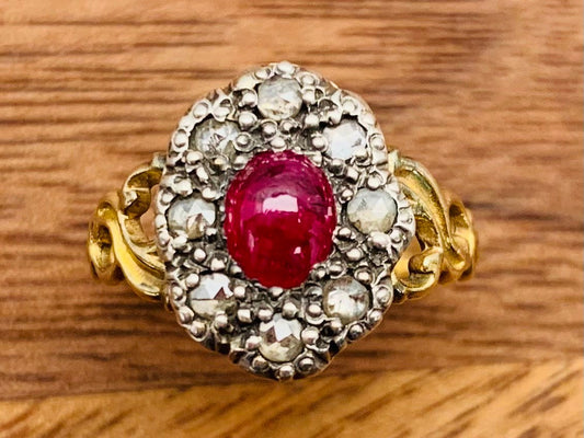 Antique Georgian 0.84ct Cabochon Oval Ruby and Diamond set in 14k Gold & Silver, Size UK N, US 6 3/4