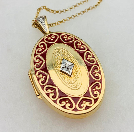 Large Vintage Royal Doulton Diamond and Red Enamel Locket Pendant and Necklace set in 14k Yellow Gold (Limited Edition), 11.84g