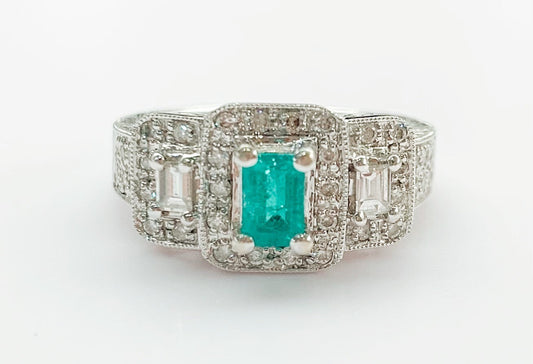 Art Deco Style 0.50ct Emerald and 0.60ct Diamond set in 18ct White Gold Ring Size UK M, US 6 1/4