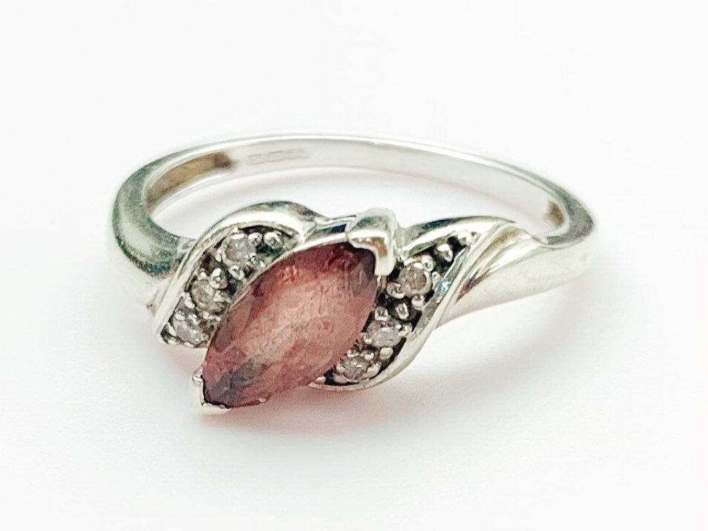 Anillo vintage de oro blanco de 9 qt con diamantes y cuarzo ahumado, talla UK N 1/2, US 7