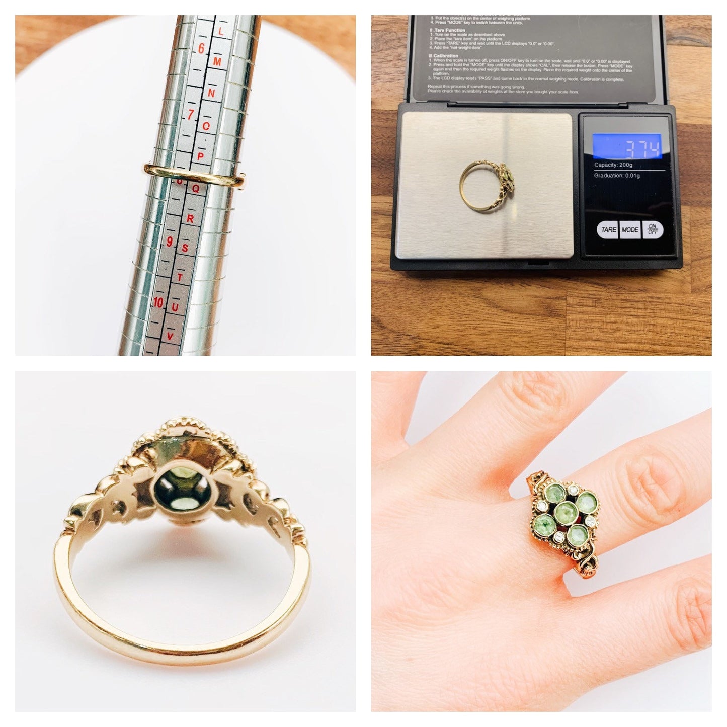 Vintage est. 1ct Round Cut Peridot and Diamond 9ct Gold Ring, Size UK P 1/2, US 8