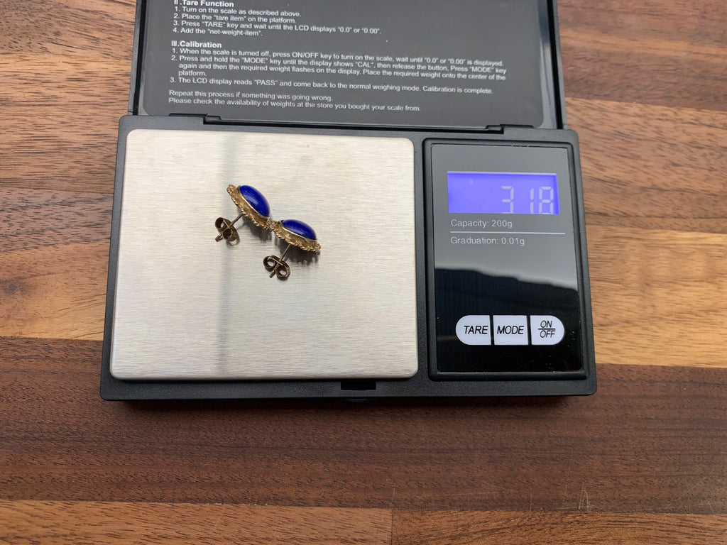 Vintage 5.7ct Oval Cabochon Lapis Lazuli Stud Earrings set in 9ct Yellow Gold