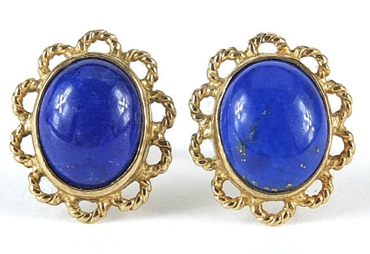 Vintage 5.7ct Oval Cabochon Lapis Lazuli Stud Earrings set in 9ct Yellow Gold