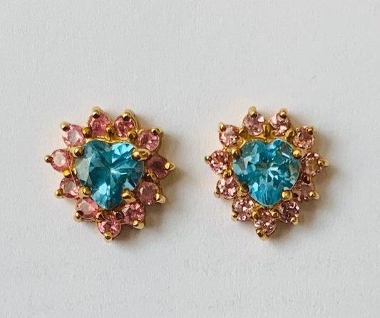 Pendientes vintage de oro de 9 k con topacio azul londinense y turmalina rosa