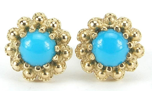 Vintage Round Cabochon Blue Turquoise set in 9ct Yellow Gold Stud Earrings