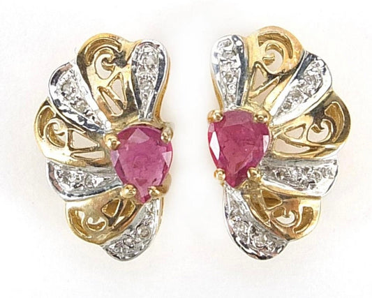 Vintage 0.60ct Pear Cut Ruby and Diamond Cocktail Stud Earrings set in 9ct Yellow Gold