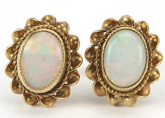 Vintage 1ct Oval Opal set in 9ct Yellow Gold Stud Earrings