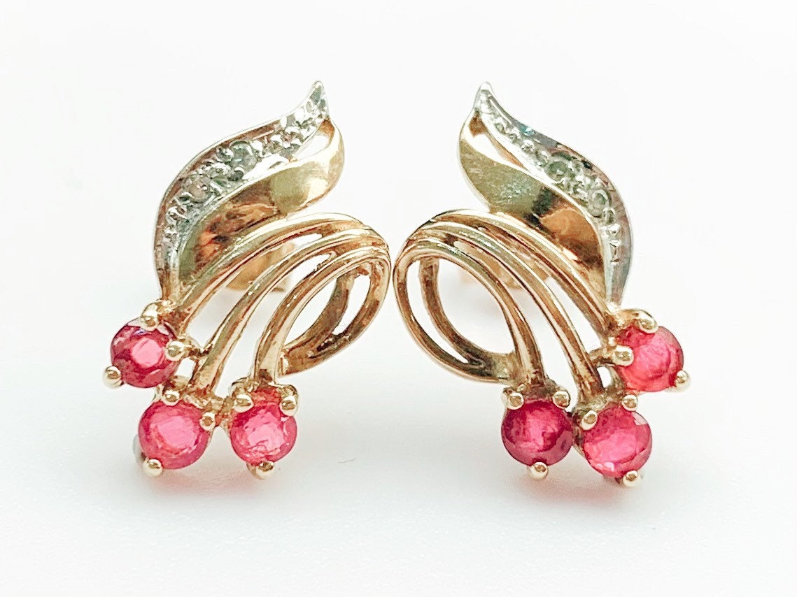 Pendientes vintage de oro de 0,54 ct con rubí y diamantes de 9 ct