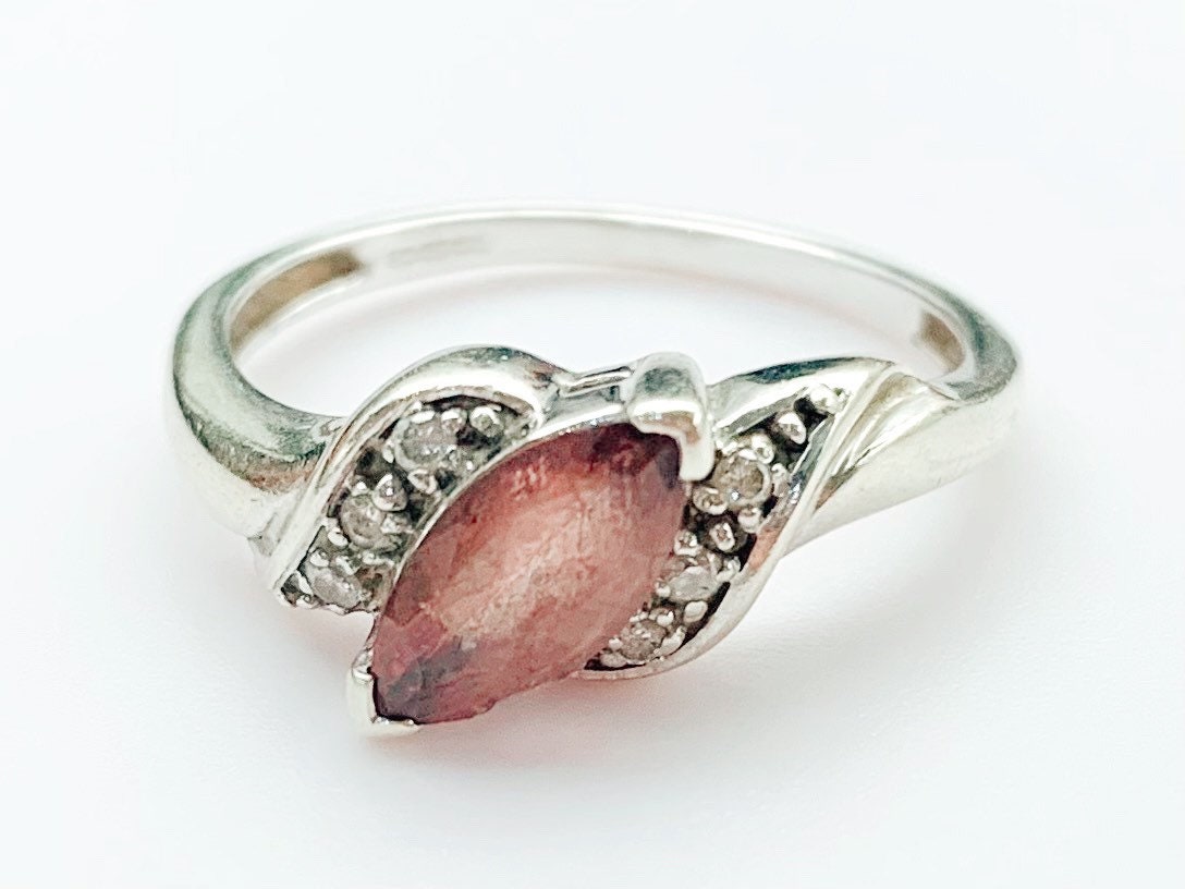 Anillo vintage de oro blanco de 9 qt con diamantes y cuarzo ahumado, talla UK N 1/2, US 7