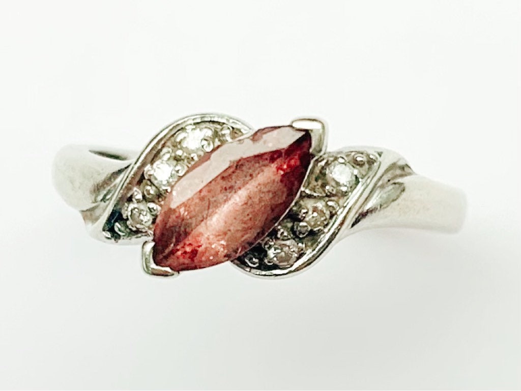 Anillo vintage de oro blanco de 9 qt con diamantes y cuarzo ahumado, talla UK N 1/2, US 7