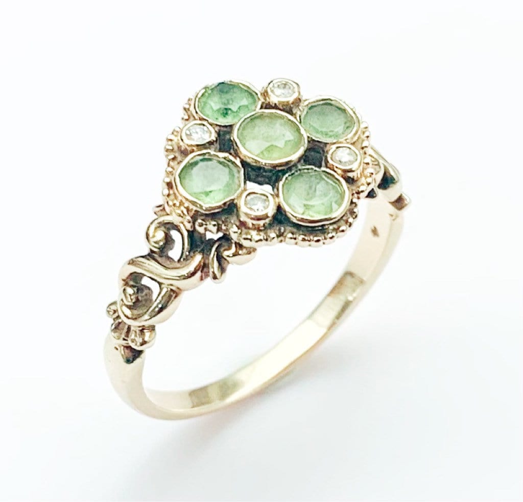 Vintage est. 1ct Round Cut Peridot and Diamond 9ct Gold Ring, Size UK P 1/2, US 8