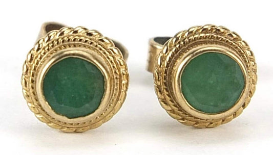 Vintage 0.76ct Round Cut Emerald stud Earrings set in 9ct Yellow Gold