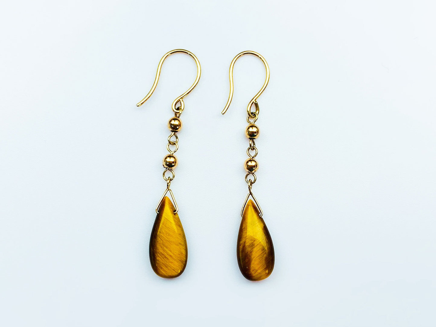 Vintage 9ct Yellow Gold Pear Cut Tiger’s Eye Dangle Earrings