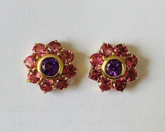 Vintage Amethyst & Pink Tourmaline 9k Gold Stud Earrings