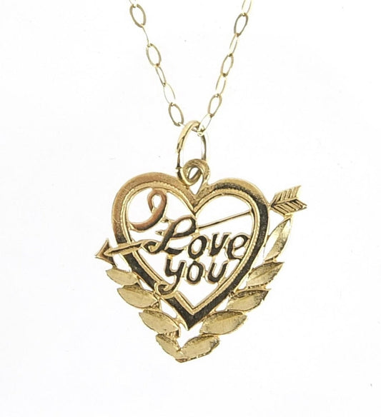 Colgante y collar vintage en forma de corazón "Te amo" en oro amarillo de 9 quilates