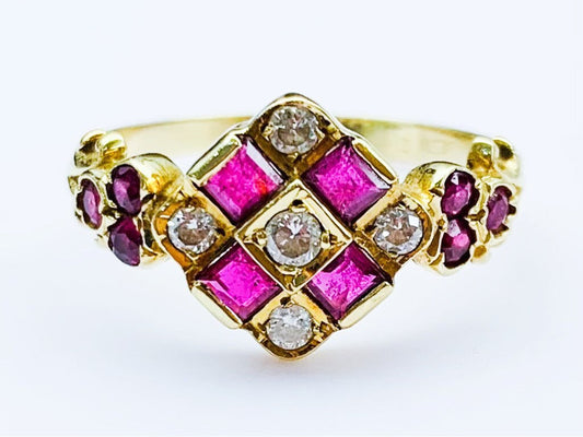 Antique Victorian 0.82ct Ruby and Diamond 18ct Yellow Gold Ring, Size US 9, UK R 1/2